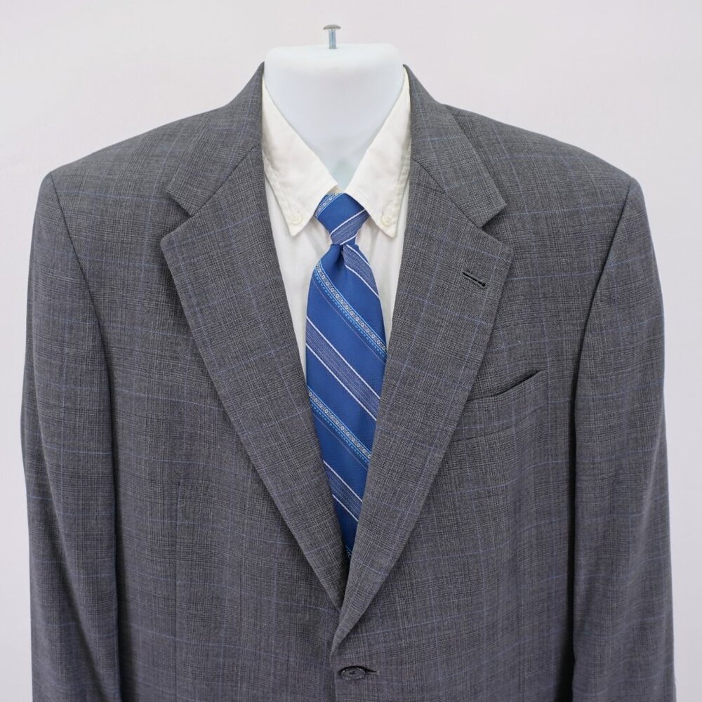 DAMAGED Hart Schaffner Marx Wool Gray Plaid Blue Windowpane Blazer 42L‎ 2 Button